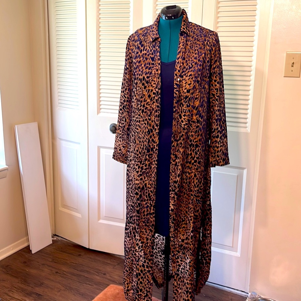 Animal print duster & navy slip combination. Pieces can be worn separately.